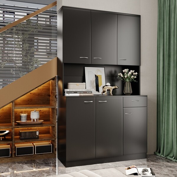 Modern Tall Wardrobe with 6-Doors， 1-Open Shelves and 1-Drawer - - 36805924