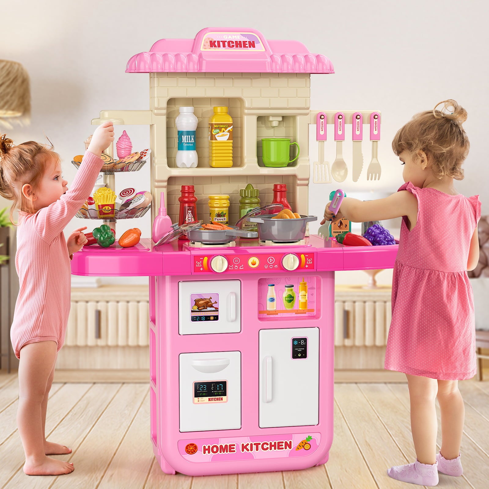 TEMI Play Kitchen Girls Toy Pretend Food - Kitchen Toys for Kids Ages 4-8, Kitchen Set for Toddlers 1-3, Play Kitchen Accessories w/ Real Sounds Light, for Girls Boys Age 2 3 4 5 6 7(36.3x24x11)