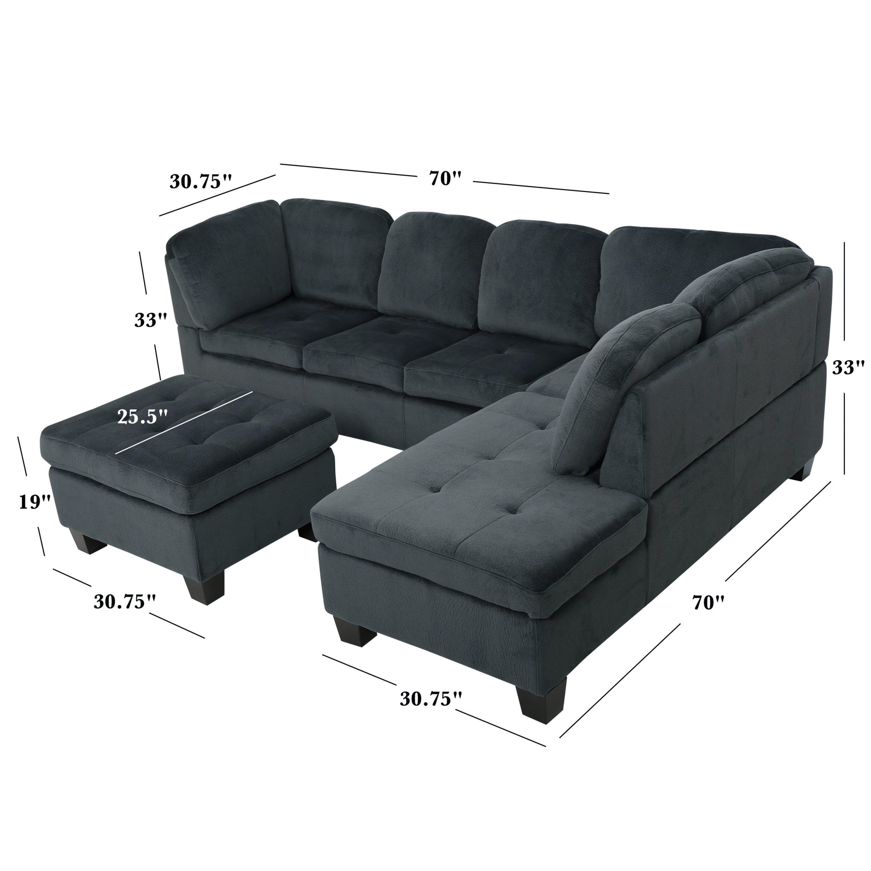 GDF Studio Canterbury 3-Pc Sectional Sofa Set, Charcoal Finish