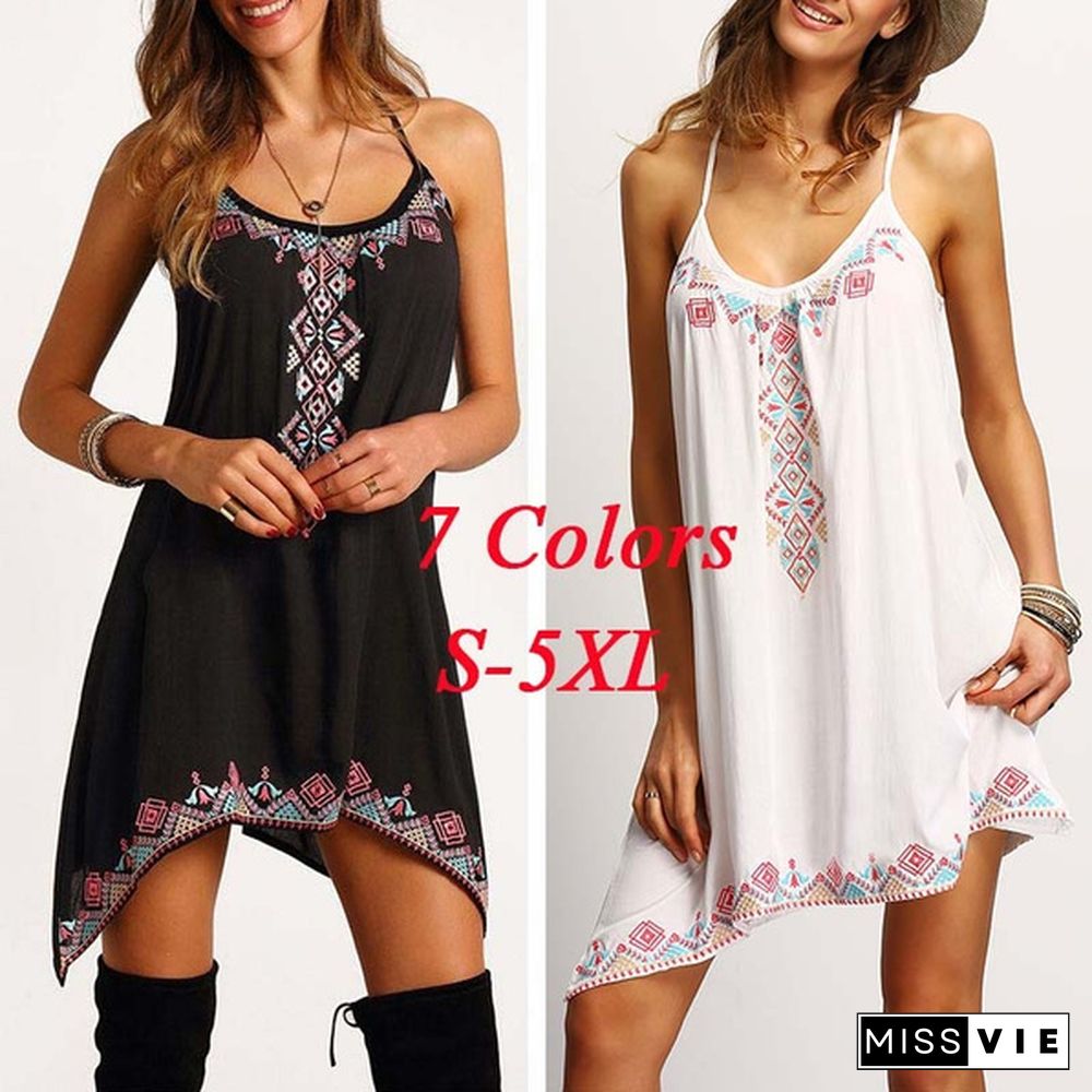 7 Colors Sleeveless Lace Up O-neck Floral Printed Women's Asymmetric Mini Dress (S-5XL)