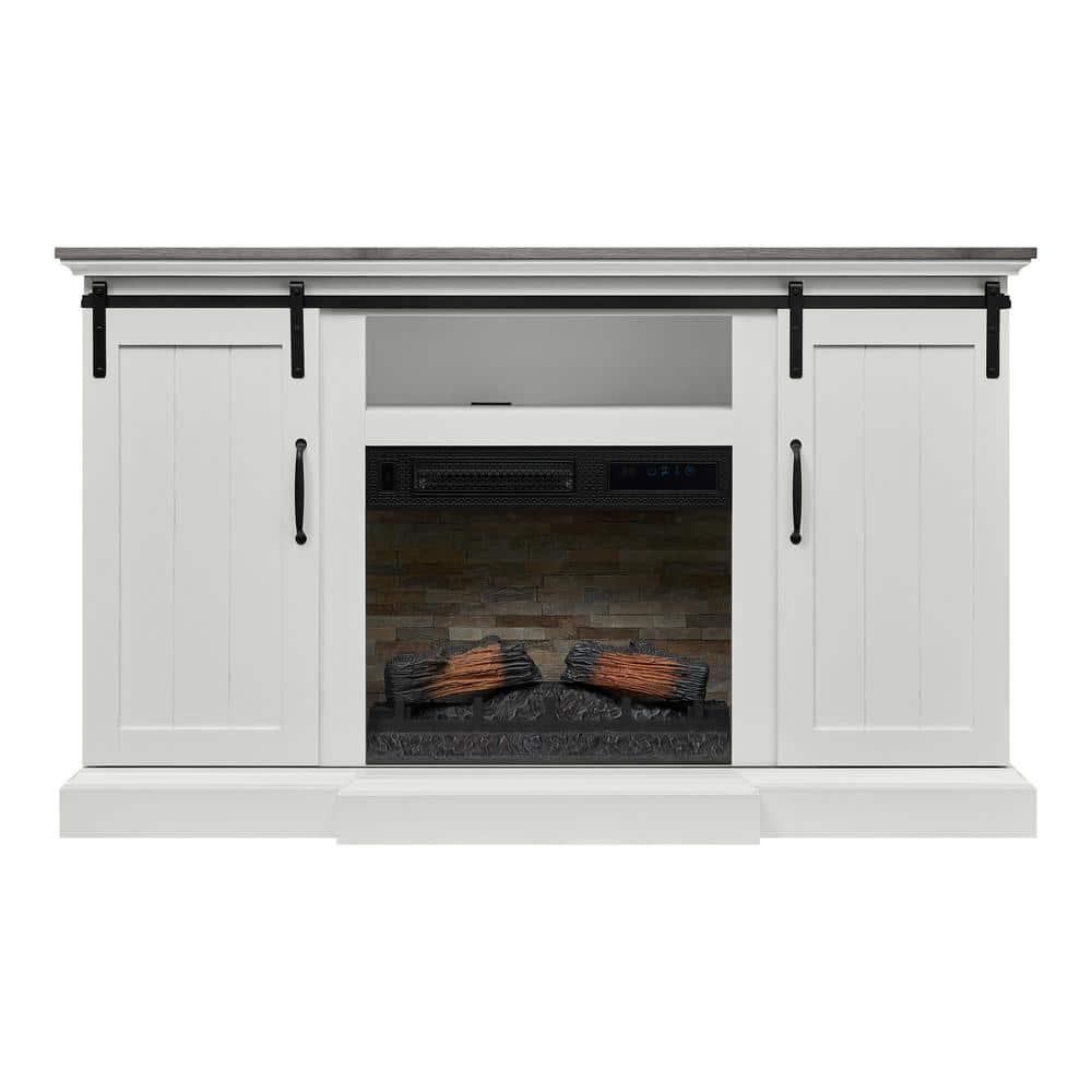 Home Decorators Collection Kerrington 60 in W Freestanding Media Console Electric Fireplace TV Stand in White with Gray Top