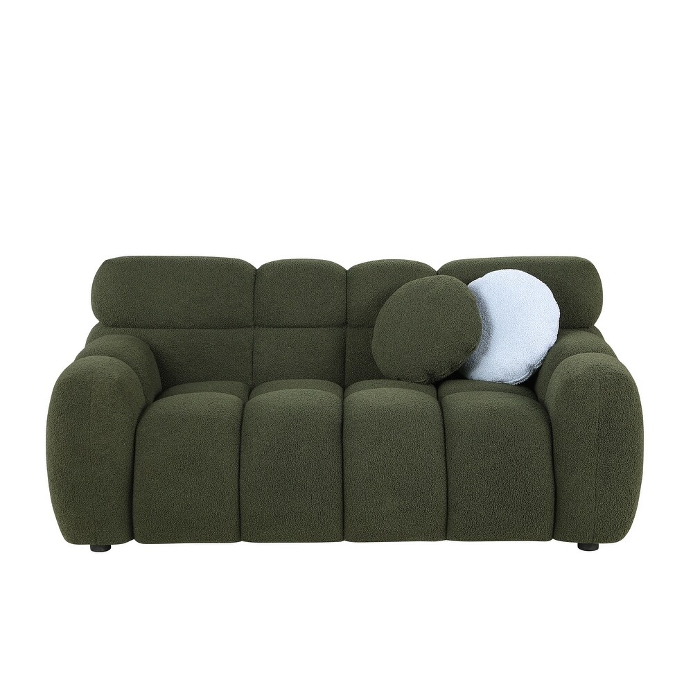 2pc Marshmallow Sofa Sets with Pillows  2+3 Seater Olive Green Boucle Upholstered Deep Seat Straight Row Couch for Living Room