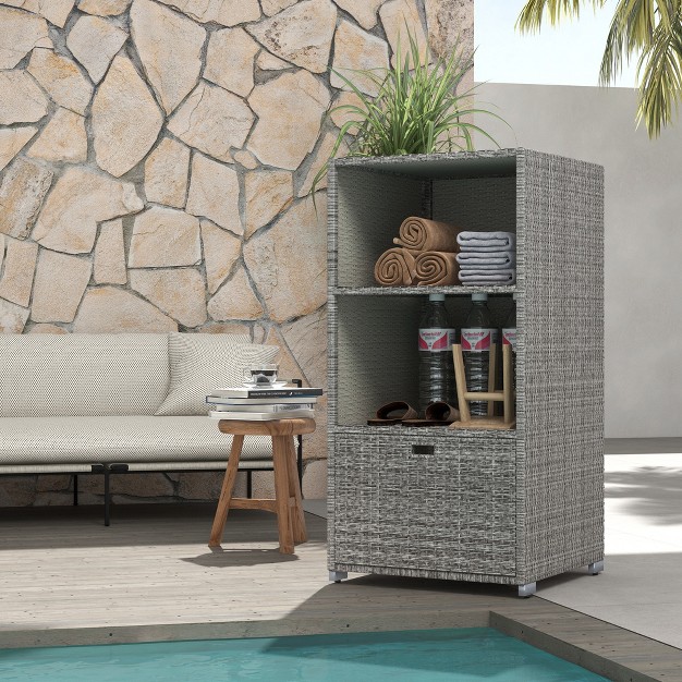 Outsunny Patio Wicker Pool Caddy Pe Rattan Storage Cabinet Holder Outdoor Towel Rack For Pool For Space Saving Design