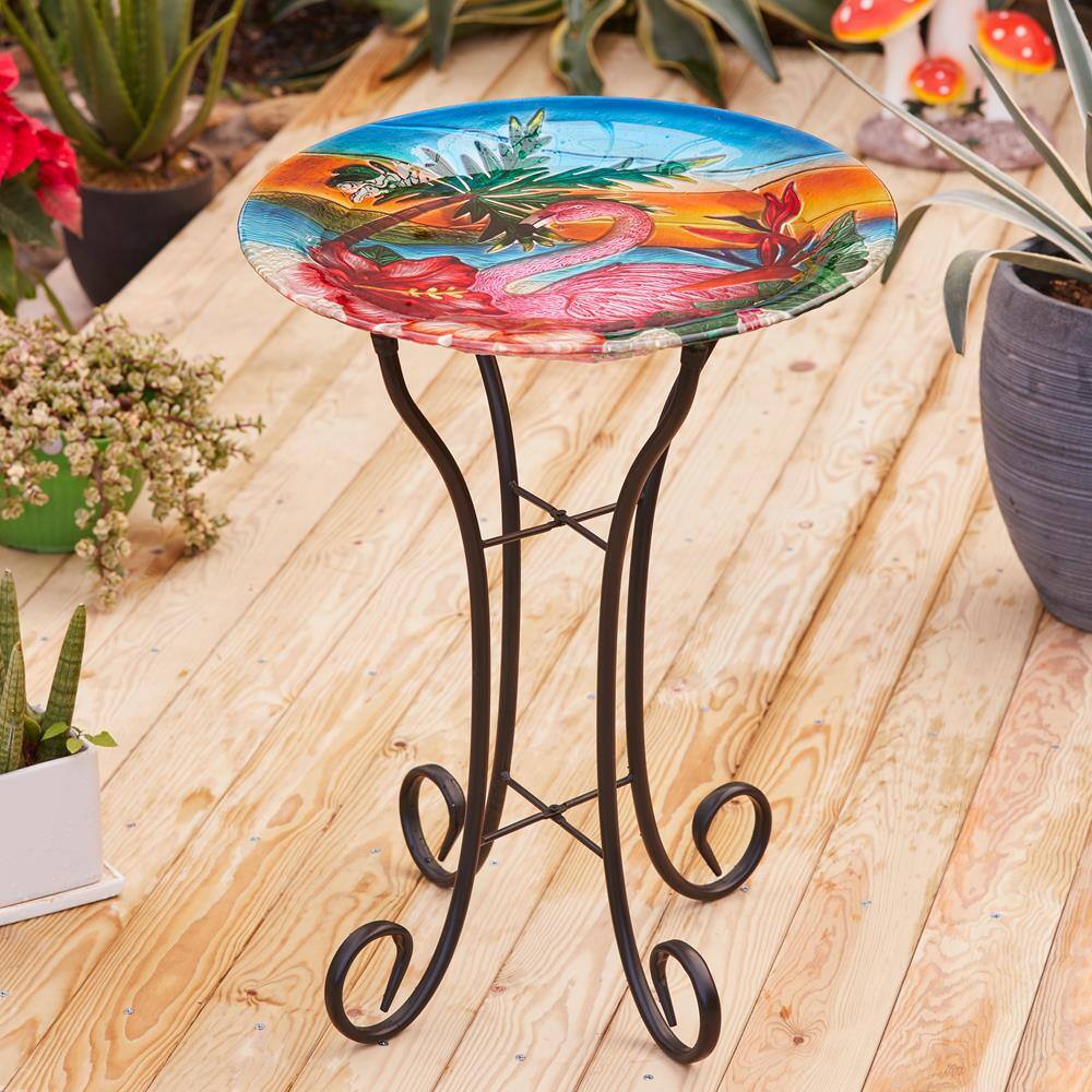 Luxen Home Flamingo Glass Bird Bath with Metal Stand WHP1520