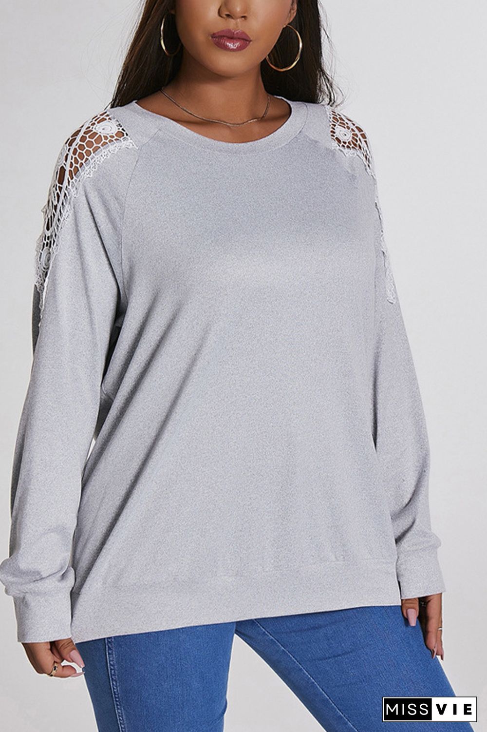 Plain Lace Patckwork Sleeve Plus Size Top