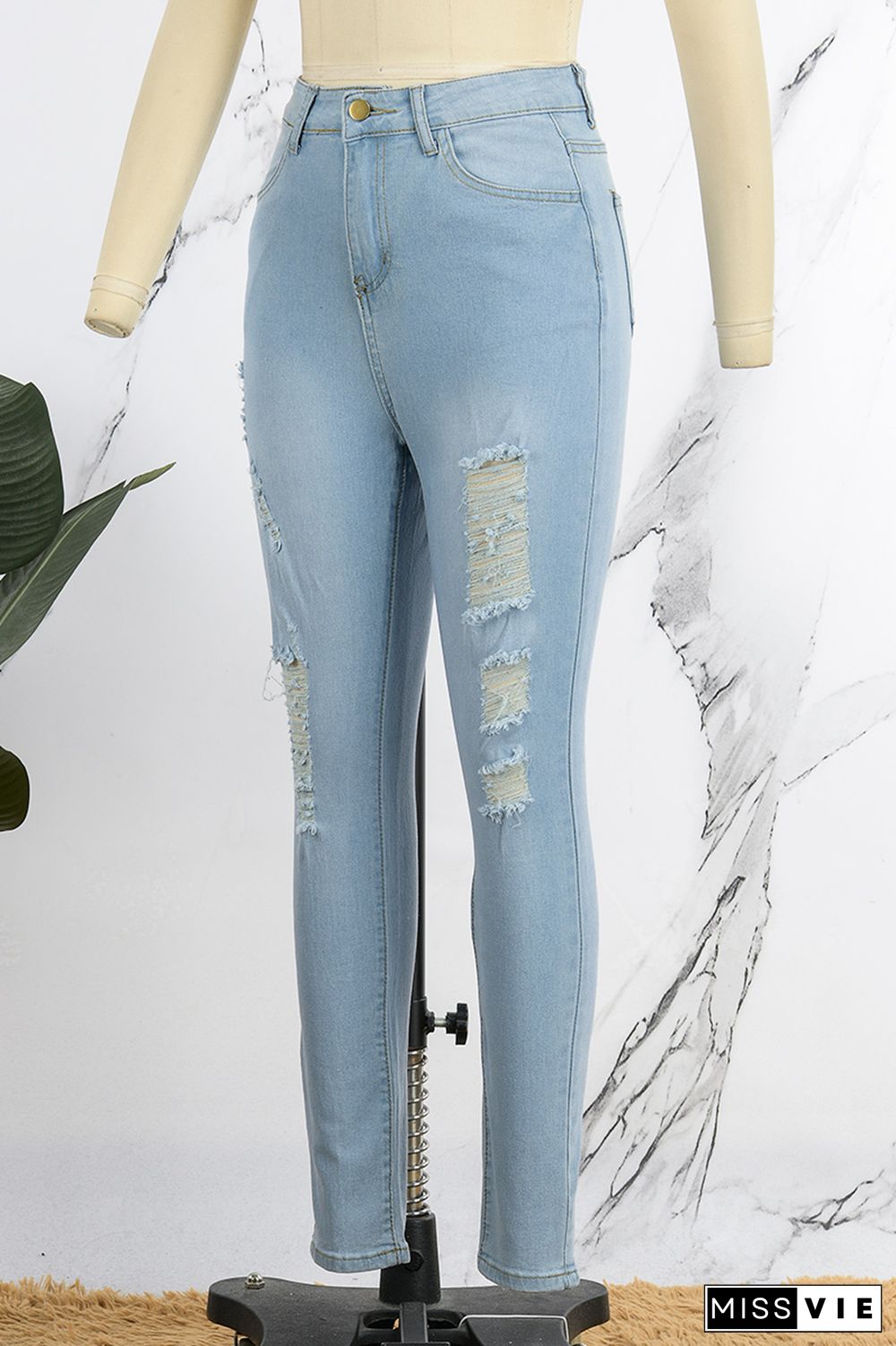 Light Blue Street Solid Ripped Patchwork High Waist Denim Jeans