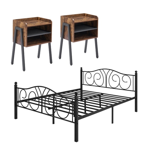 Taomika 3-Pieces Modern Black Metal Bed Frame and Brown Nightstand Sets - - 35206951