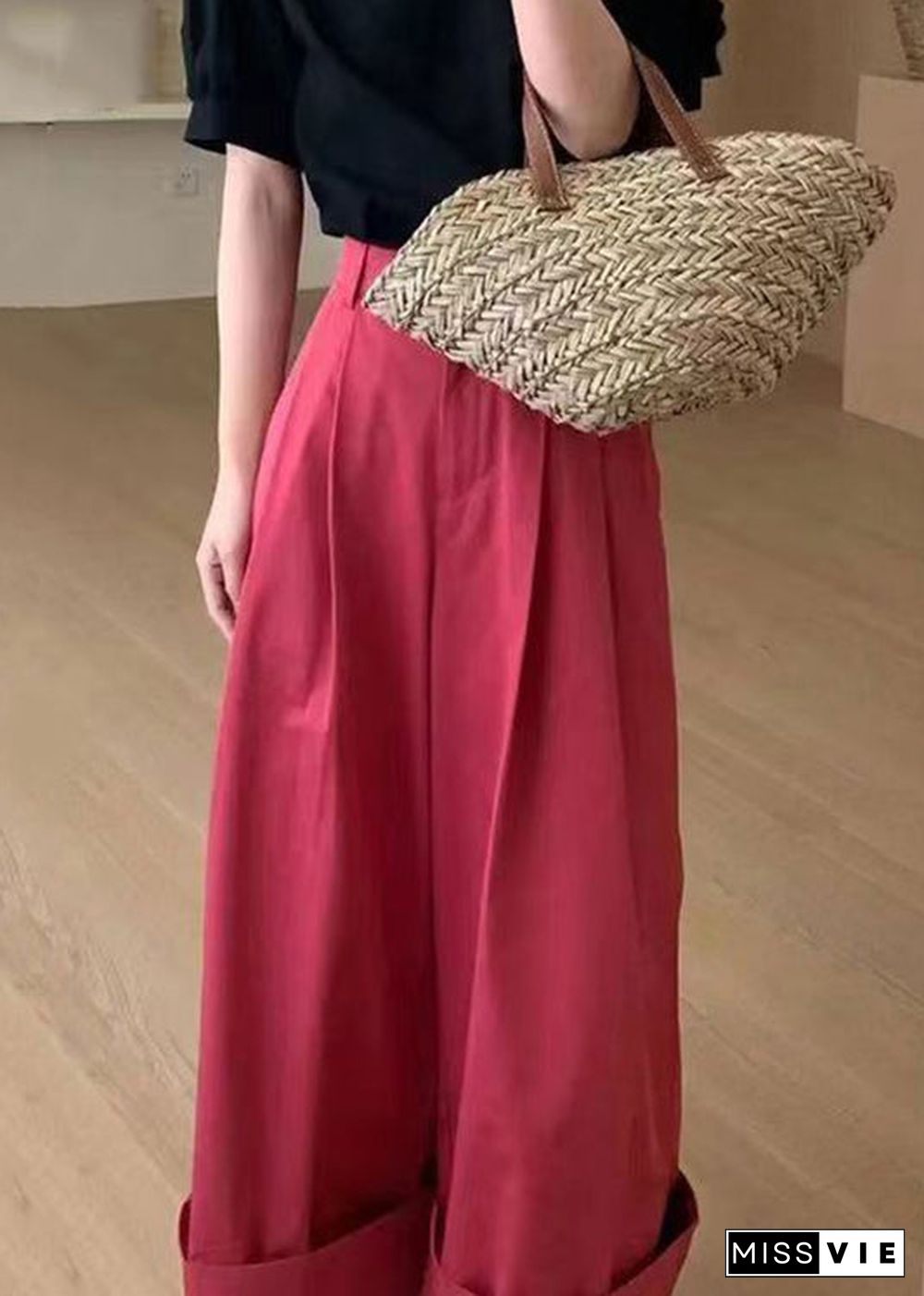 New Red Pockets High Waist Patchwork Cotton Wide Leg Pants Fall