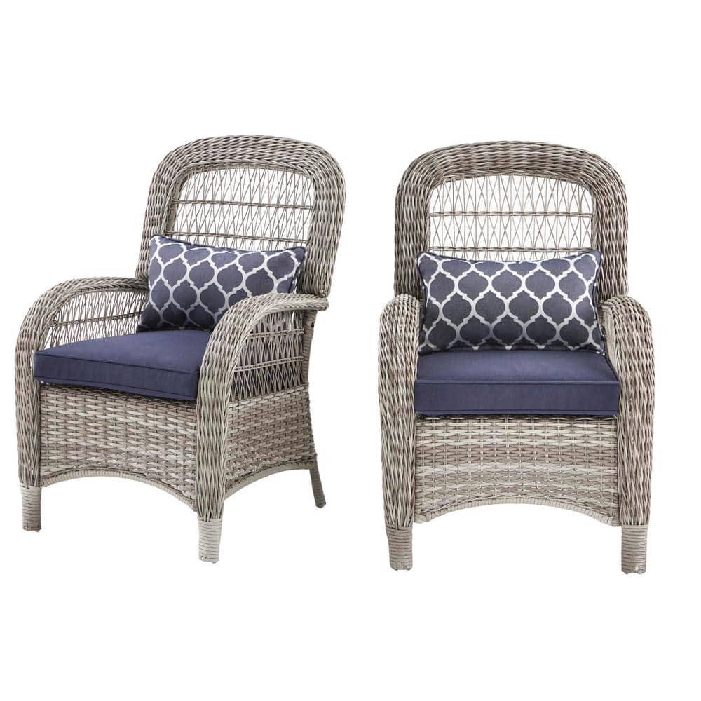 Hampton Bay Beacon Park Gray Wicker Outdoor Patio Captain Dining Chair with CushionGuard Midnight Trellis Navy Blue Cushions