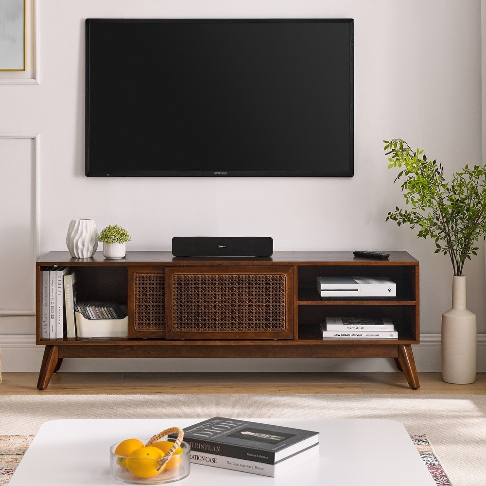 Rattan TV Stand Media Console Entertainment Cabinet for Living Room Bedroom w/ Wood Feet   Rattan Sliding Cabinet Doors