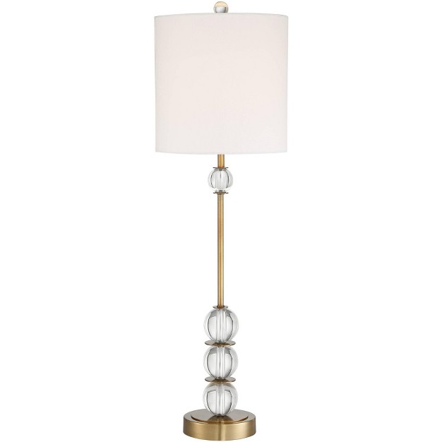 Tall Crystal Ball Brass Metal Off White Fabric Drum Shade For Bedroom Living Room Kids