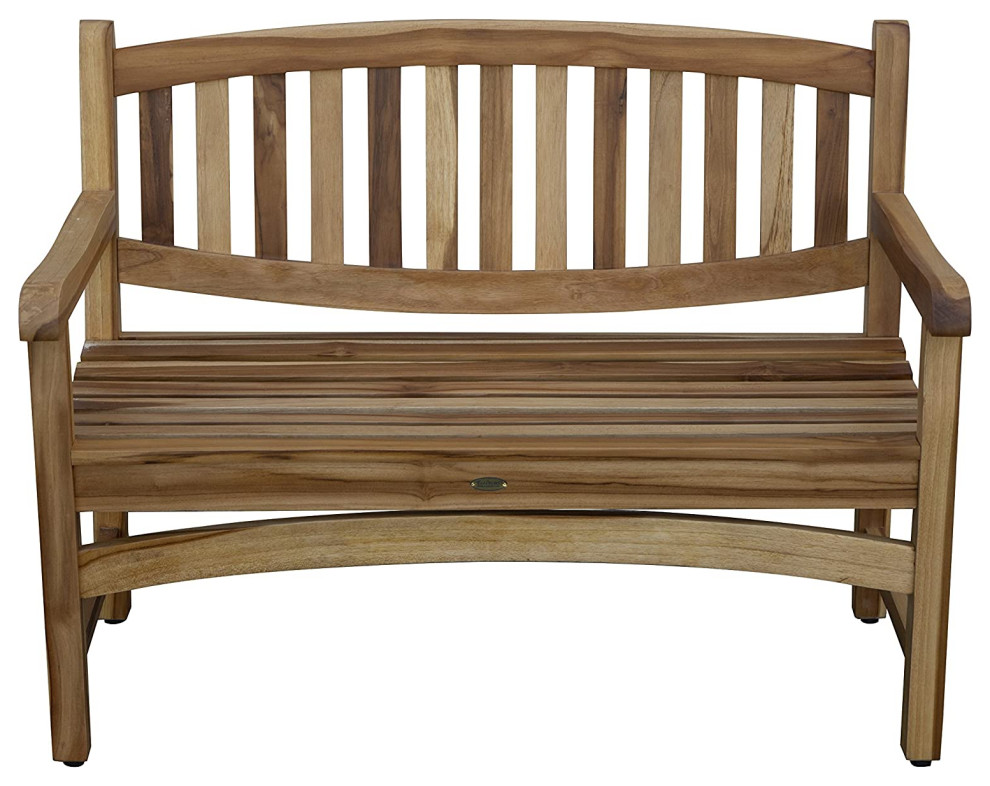 Outdoor Armed Bench  Solid Teak Wood With Slatted Open Backrest  Natural   Transitional   Outdoor Benches   by Decor Love  Houzz