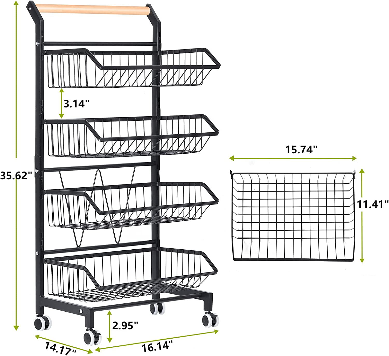 4 Tier Fruit Vegetable Storage Basket Rolling Cart with Handle and Wheels， Black