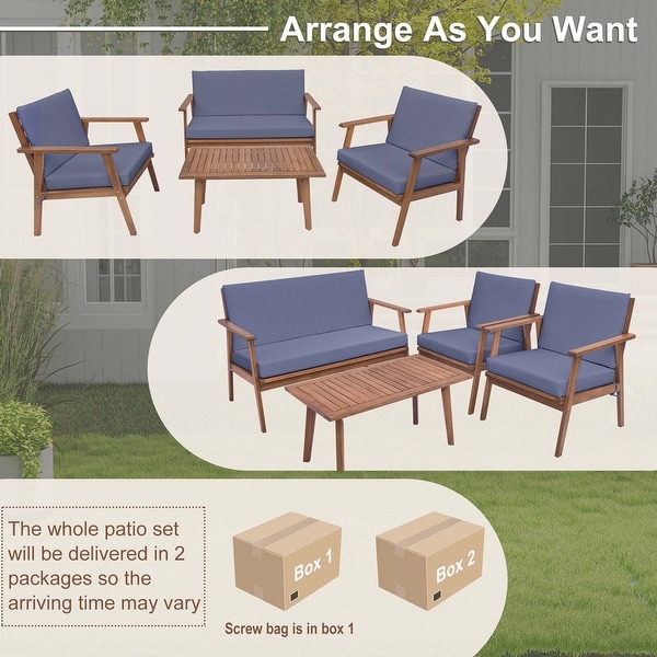 4 PCS Patio Conversation Set Acacia Wood Sofa Coffee Table w/ Cushions