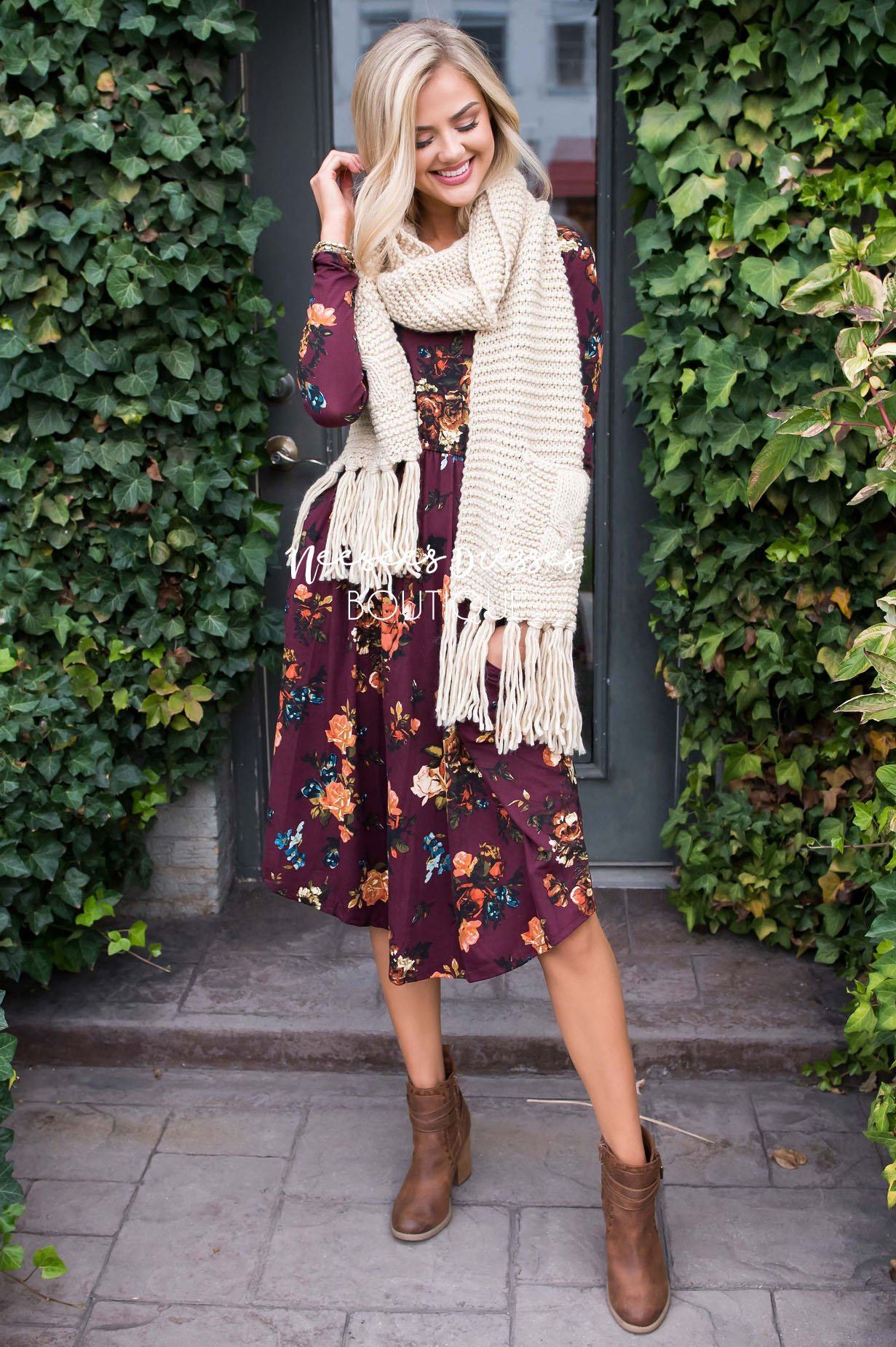 Burgundy In Bloom Long Sleeves Dress