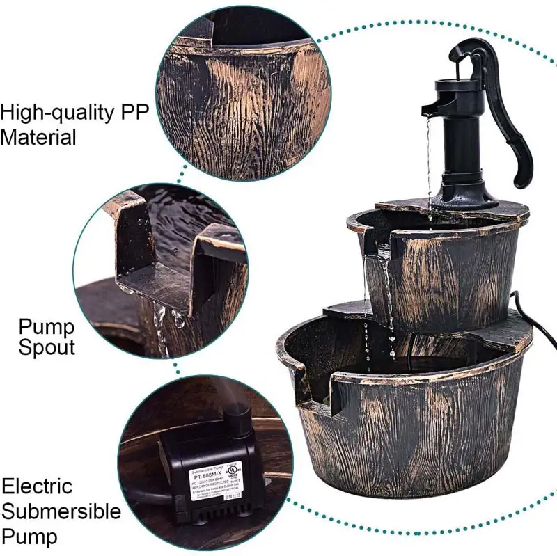 2 Tier Outdoor Rustic Pump Barrel Waterfall Fountain for Garden