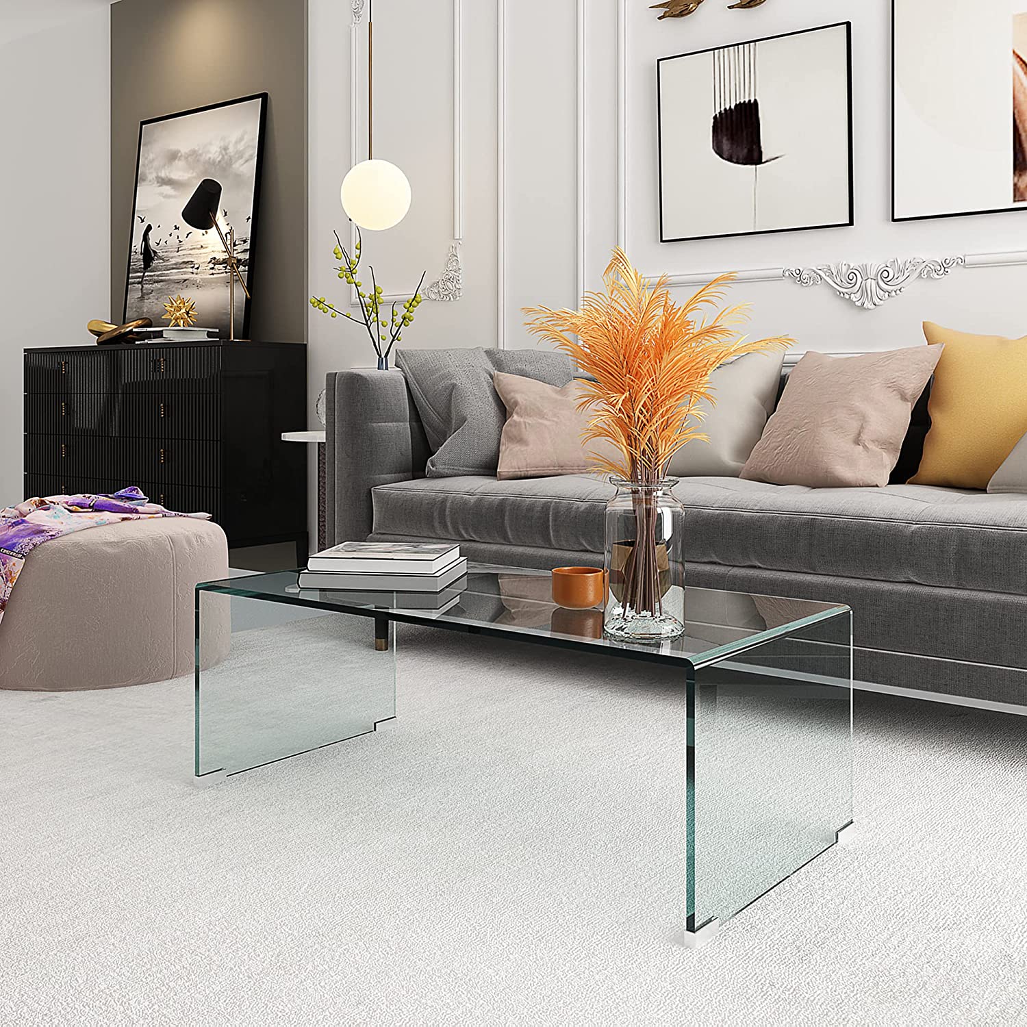 Glass Coffee Table, Modern Tempered Clear Coffee Tables Decor for Living Room, Easy to Clean and Safe Curved Edges 39.37” x 19.5” x 13.98”