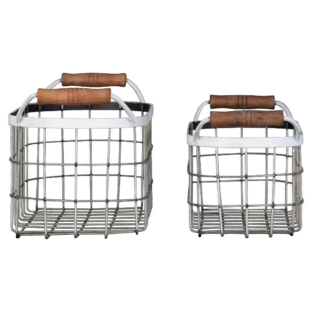 Set Of 2 Oblong Metal amp Wood Handled Baskets Foreside Home amp Garden