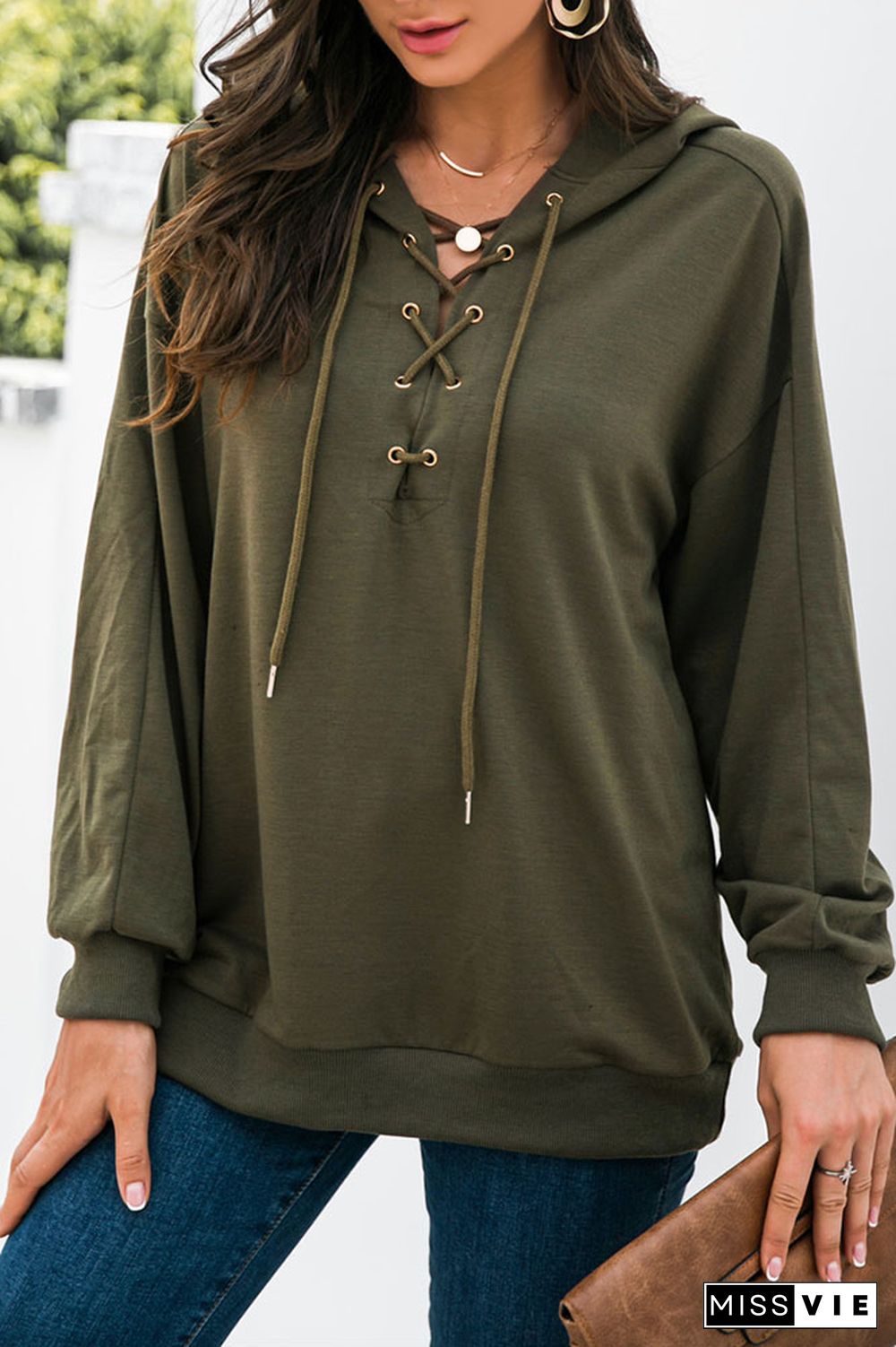 Drop Shoulder Criss-cross Hoodie Wholesale