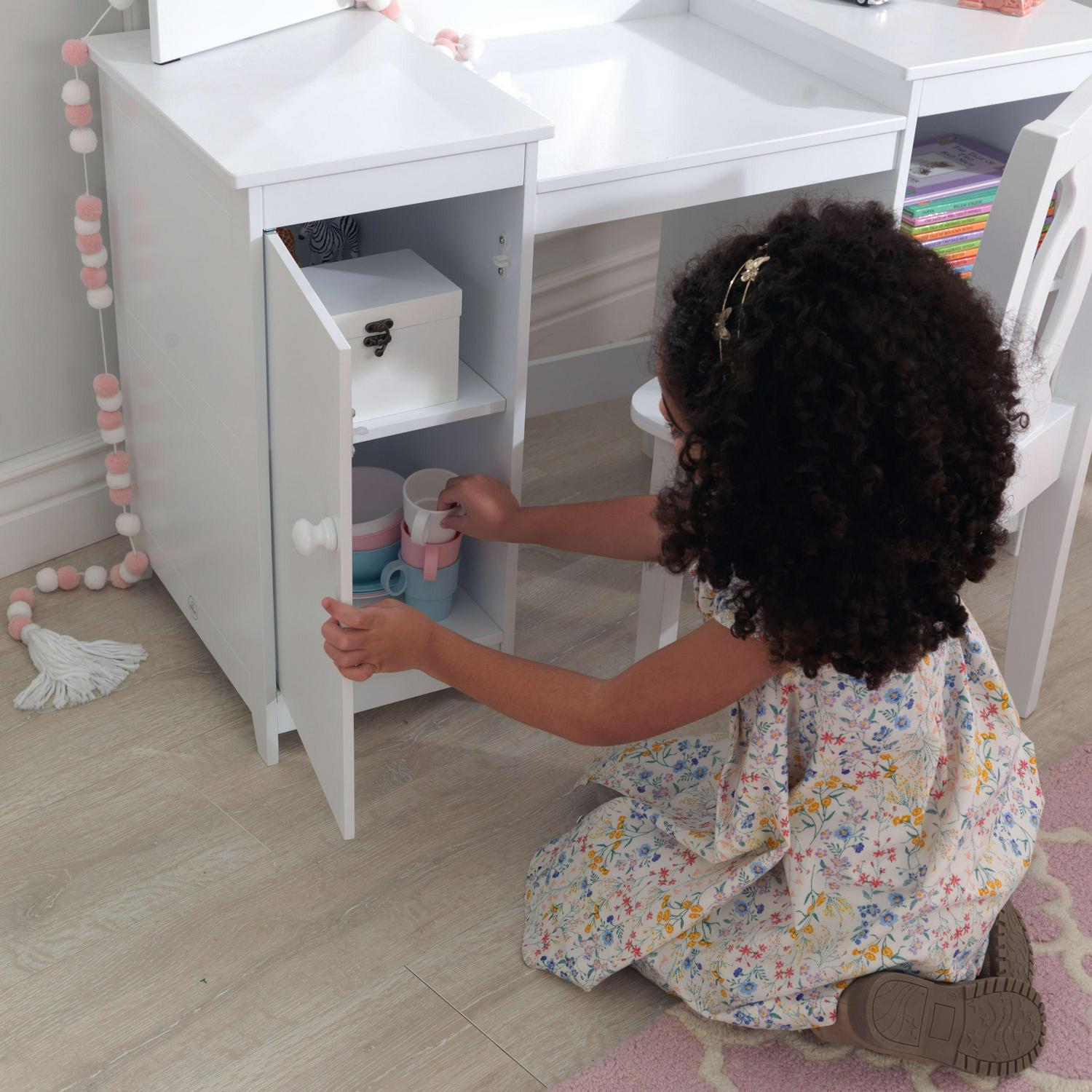 KidKraft Wooden Deluxe Vanity and Chair with Triple Mirror and Shelves White  Crowdfused