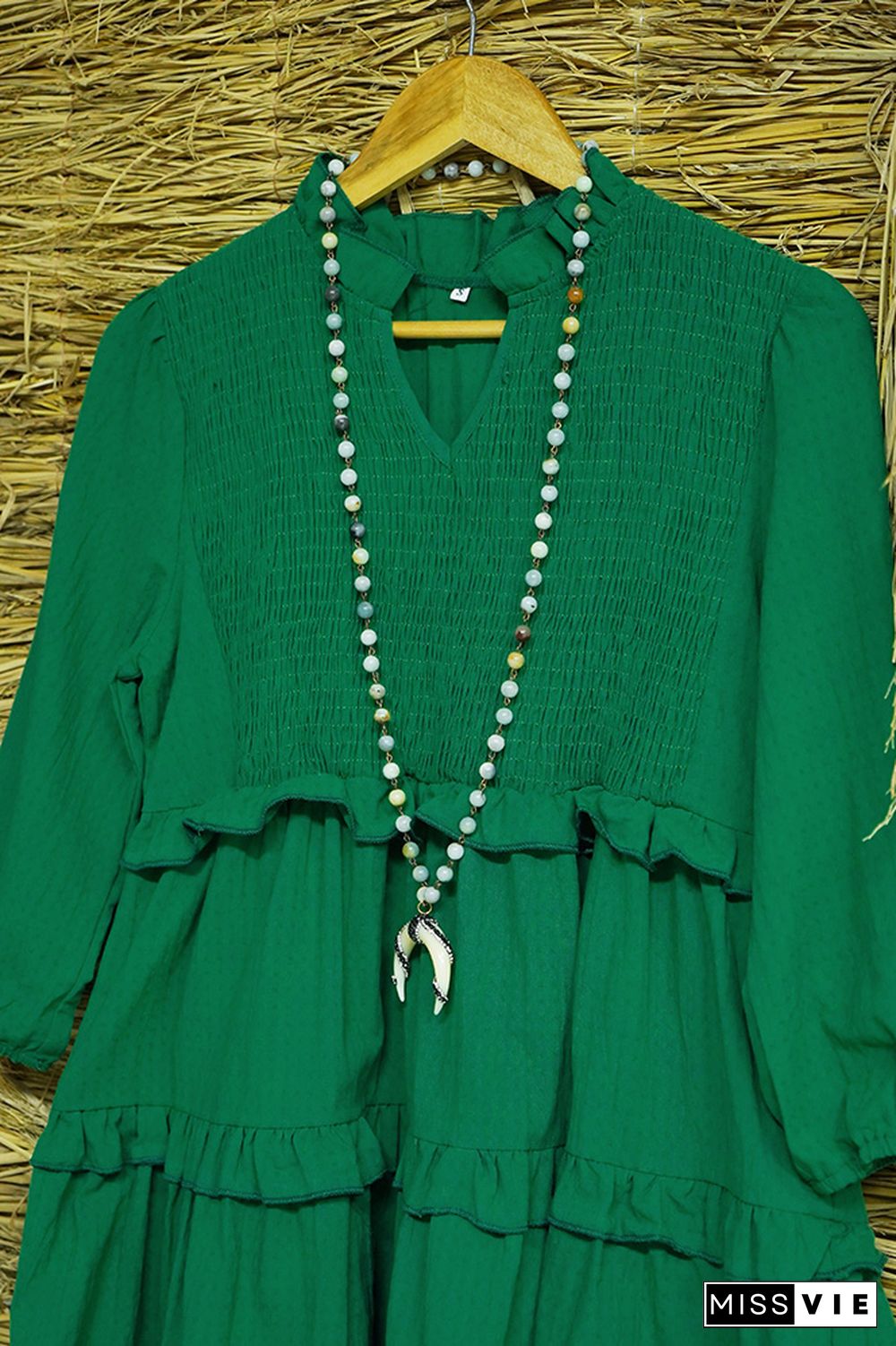 Dark Green V Neck Smocked Frilled Blouse