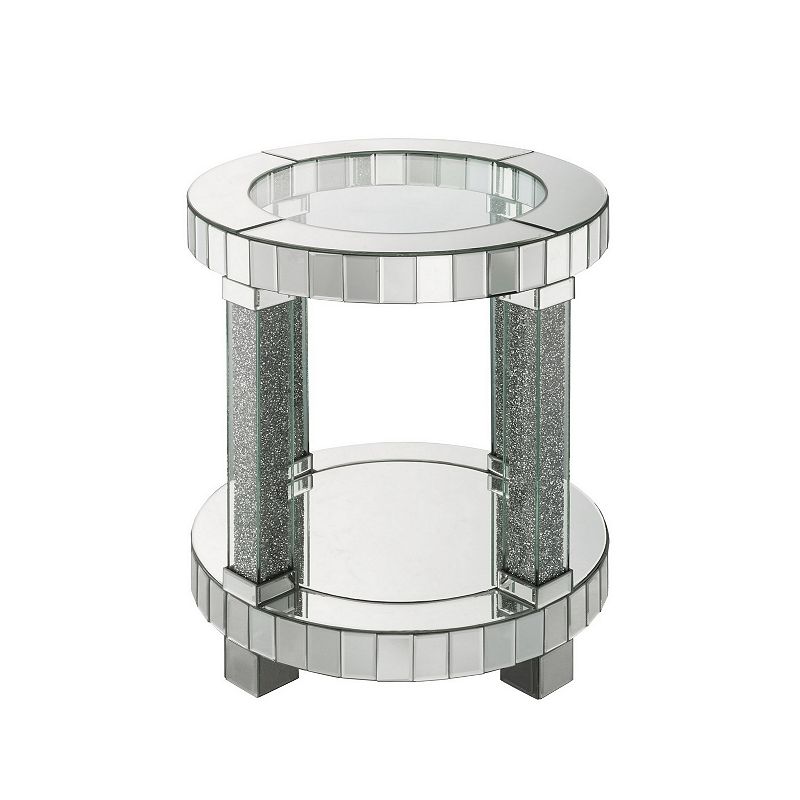 Round Mirrored Frame End Table with Faux Diamond and Bottom Shelf， Silver