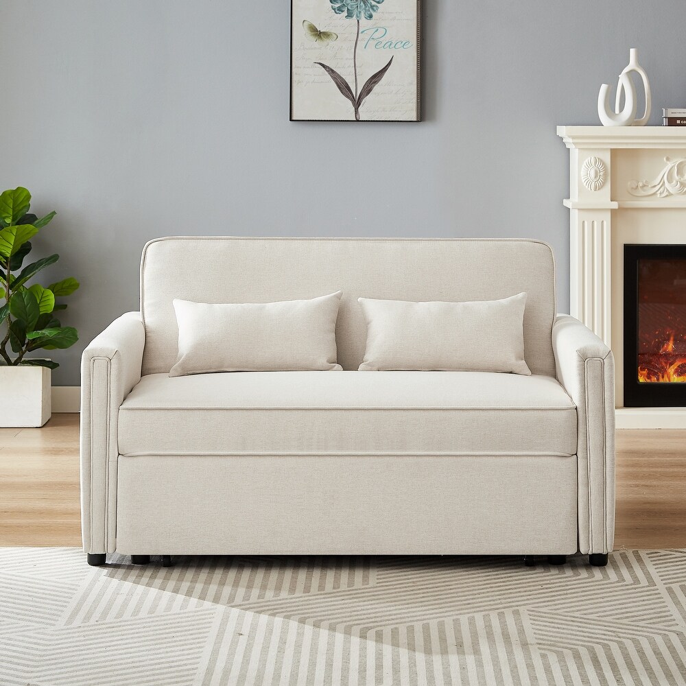 Modern Linen Convertible Loveseat Sleeper Sofa Couch with Adjustable Backrest  Pull Out Bed and 2 Lumbar Pillows  Ivory