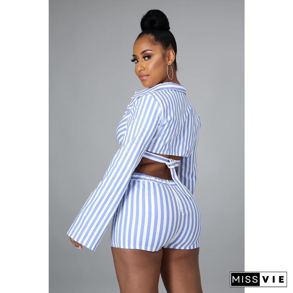 Fashion Women Clothing Striped Long Sleeve Turn Down Collar Shirt Crop Top Shorts Summer 2 Piece Matching Set