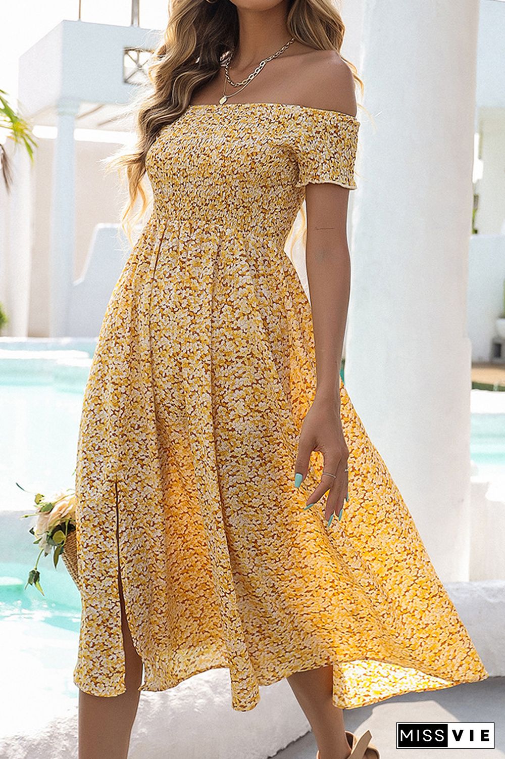 Yellow Off Shoulder Flower Print Split Long Dress