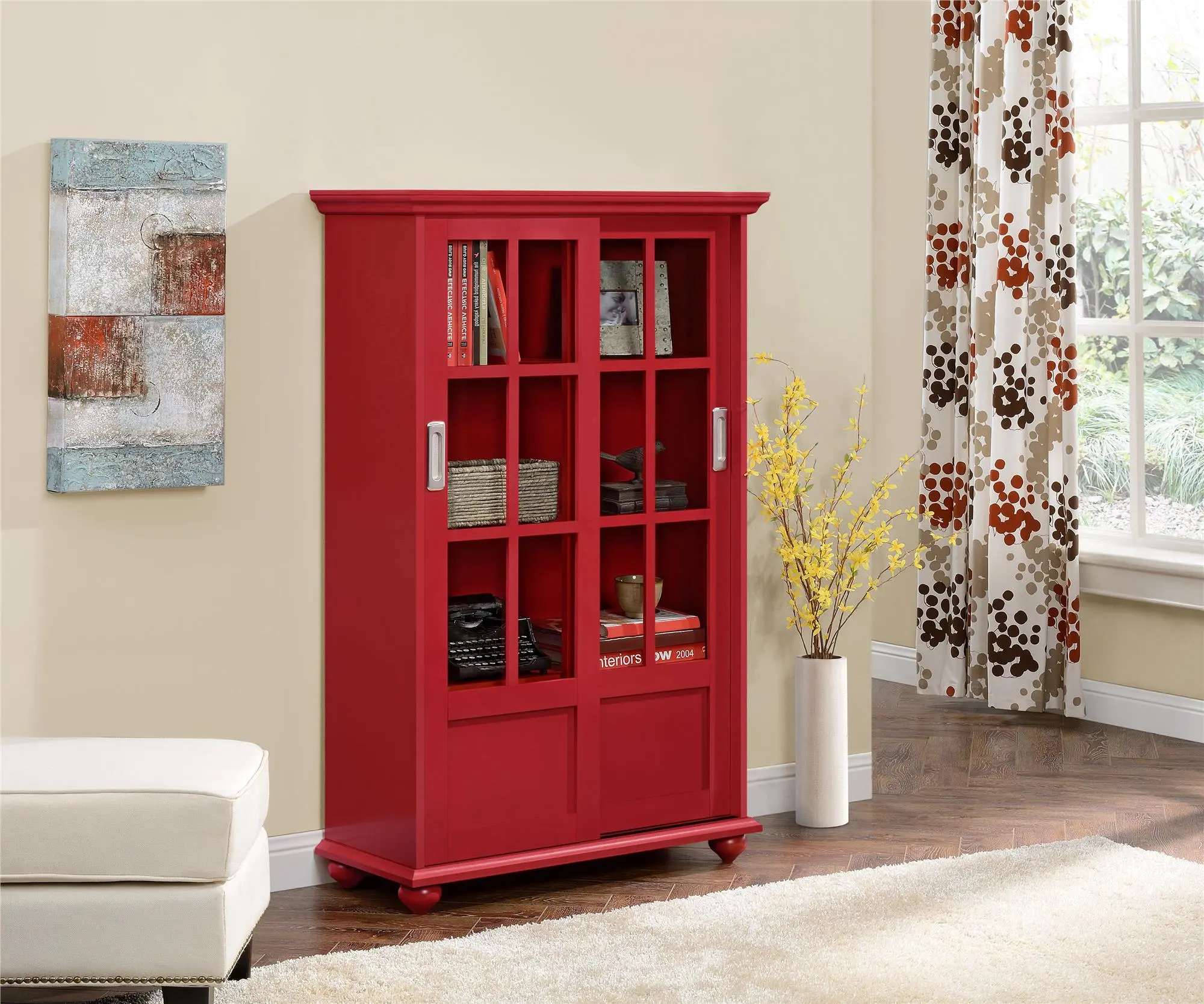 Aaron Lane Red Bookcase with Sliding Glass Doors