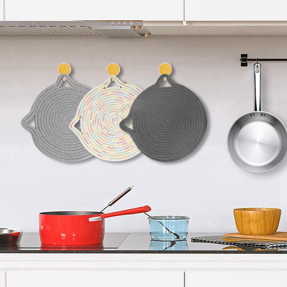 YOWELL 12 Cotton Trivets Set， 3Pcs Cute Cat Ear Large Pot Holders Woven Hot Pads Mats Thick Heat Resistant for Hot Pots and Pans Round Hot Plate Holder Washable Potholders Kitchen Gift