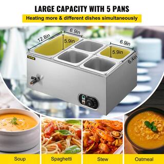 VEVOR 6 in. Deep Commercial Food Warmer 1 x 13GN and 4 x 16GN 5-Pan Stainless Steel Bain Marie Steam Table 13.7 Qt. 1500Watt PT5BM-63A110V30DUV1