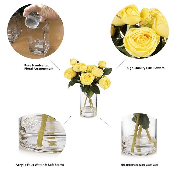 Enova Home Artificial Silk Rose Flowers in Clear Glass Vase with Faux Water for Home Office Wedding Decoration