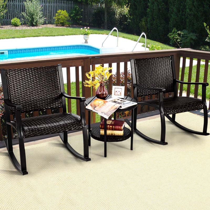 3 Pcs Rattan Patio Rocking Bistro Set with Side Table & Extra Storage Shelf, Outdoor Rocking Chair Furniture Set