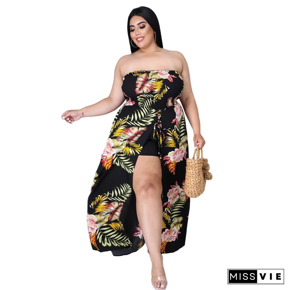 Summer Plus Size Women Clothing Floral Print Elastic Waist Beach Casual One Piece Split Jumpsuit