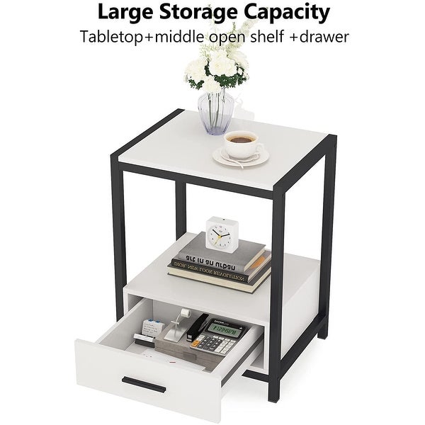 Industrial End Table with Drawer and Storage Shelves， Side Table and Nightstands