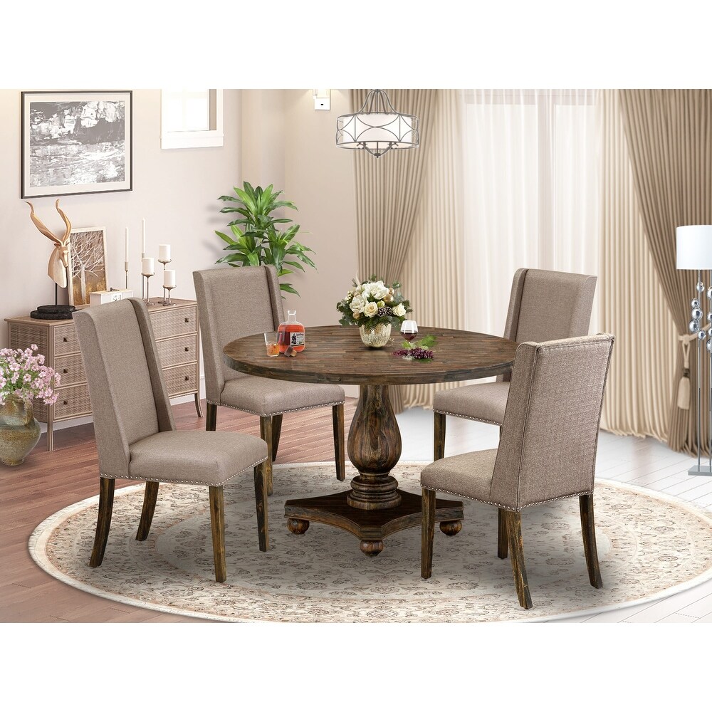 East West Furniture Dining Table Set  a Kitchen Table and Dark Khaki Linen Fabric Chairs  Distressed Jacobean (Pieces Option)