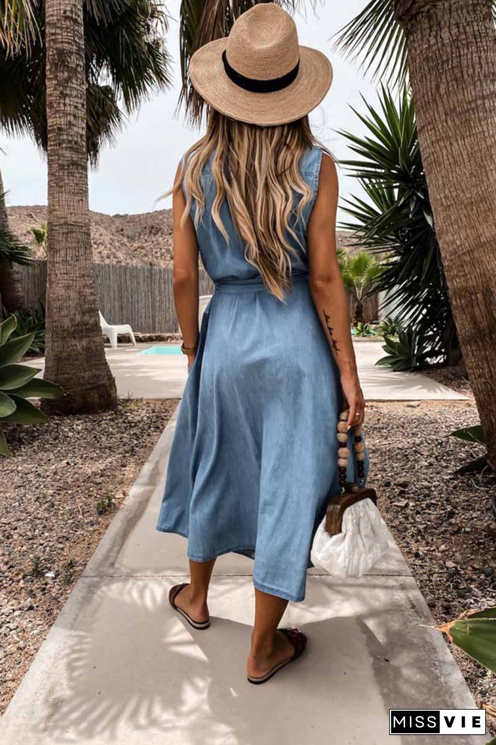 Sleeveless Lace-Up Single-Breasted Denim Midi Dress