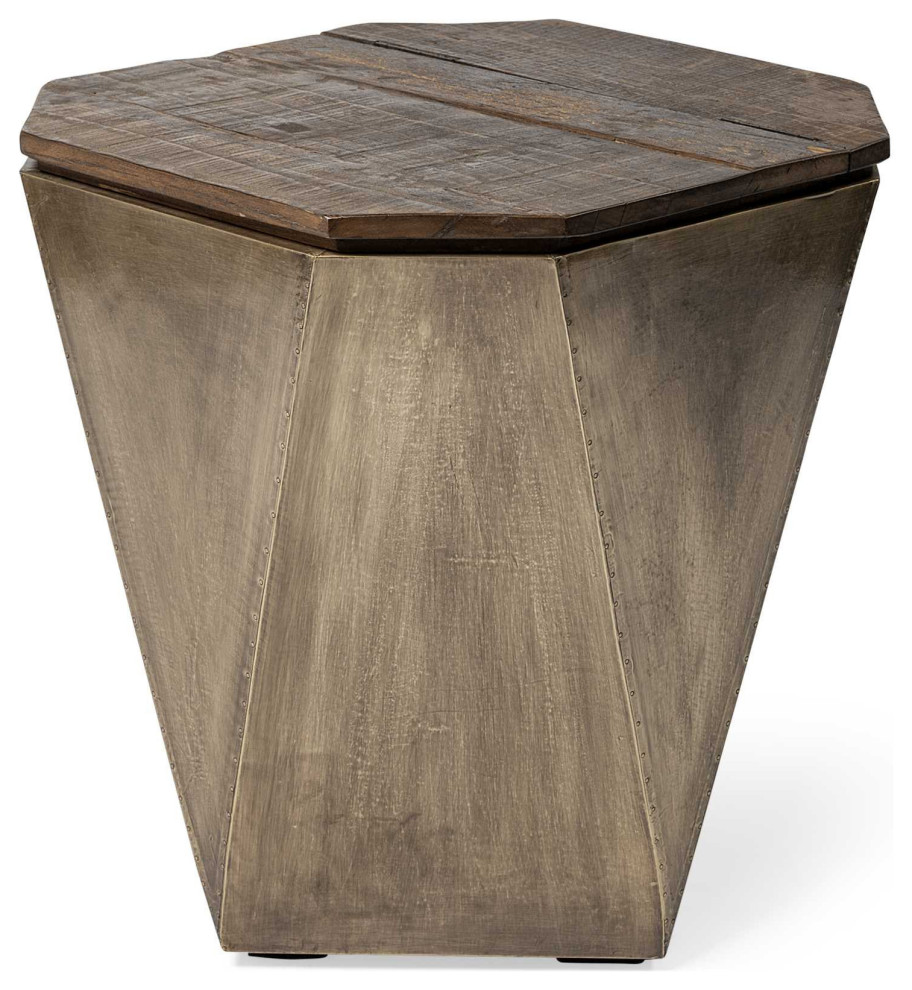 Brass And Natural Wood Side Table With Hexagonal Hinged Top   Farmhouse   Side Tables And End Tables   by Global Discount Store LLC  Houzz