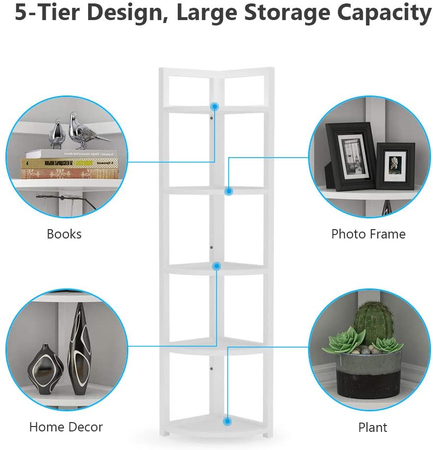 Modern 5 Tier Corner Shelf Stand, Corner Bookshelf Bookcase Plant Shelf for Living Room, Home Office, Kitchen, Small Space