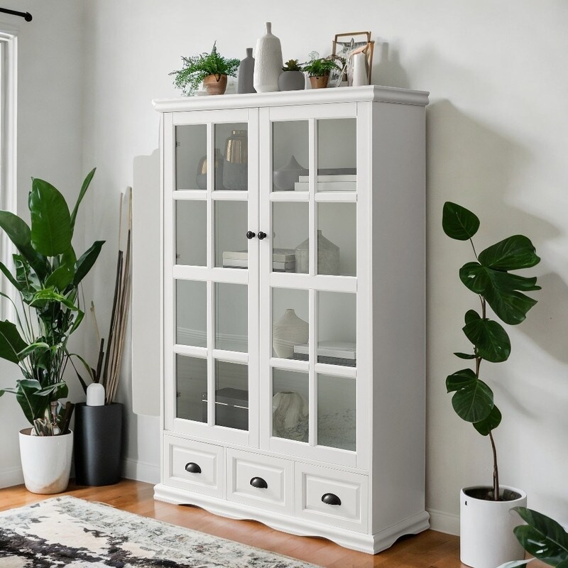 Storage Cabinet with Tempered Glass Doors 3 Drawers Curio Cabinet with Adjustable Shelf Display Cabinet