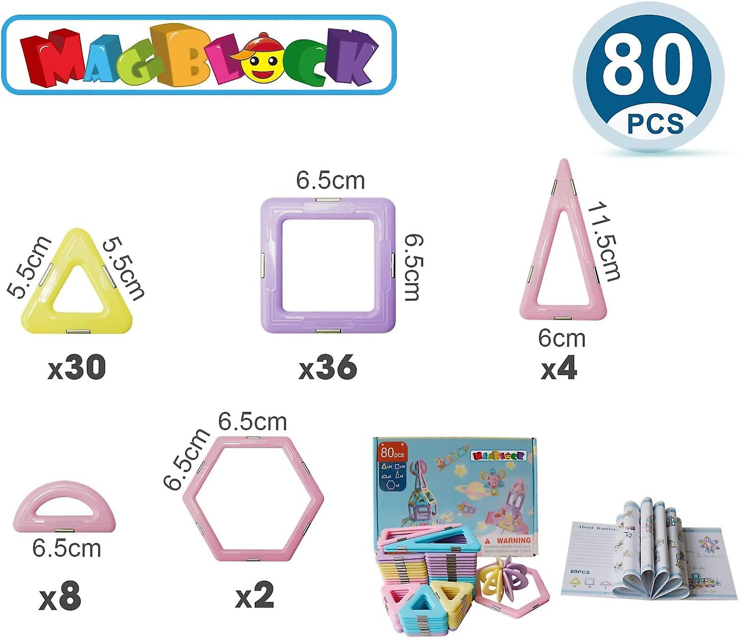 Baicccf 80 Pcs Magnetic Building Blocks Tiles Education Construction Toy-magnet Game Gift For Kid 3 4 5 6 7 Years Old- Boys And Girls