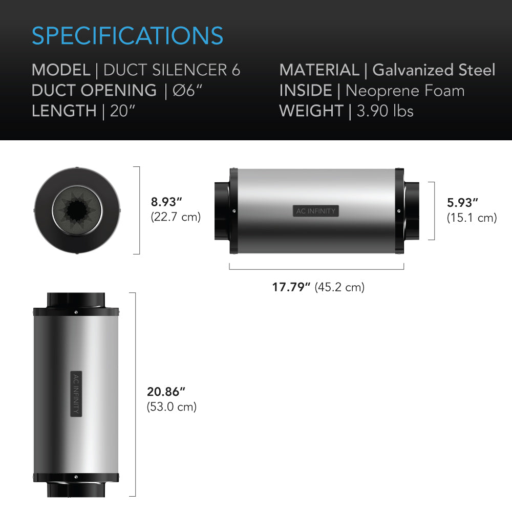 AC Infinity Inline Duct Fan Silencer， 6” Noise Reduction Muffler Blower Silencer for Indoor Hydroponics Grow Tent Ventilation Systems