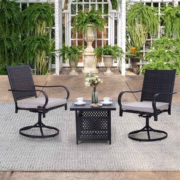 MAISON ARTS 3piece Patio Bistro Set，2 Rattan Swivel Chairs with Cushion and 1 Metal Table with Umbrella Hole