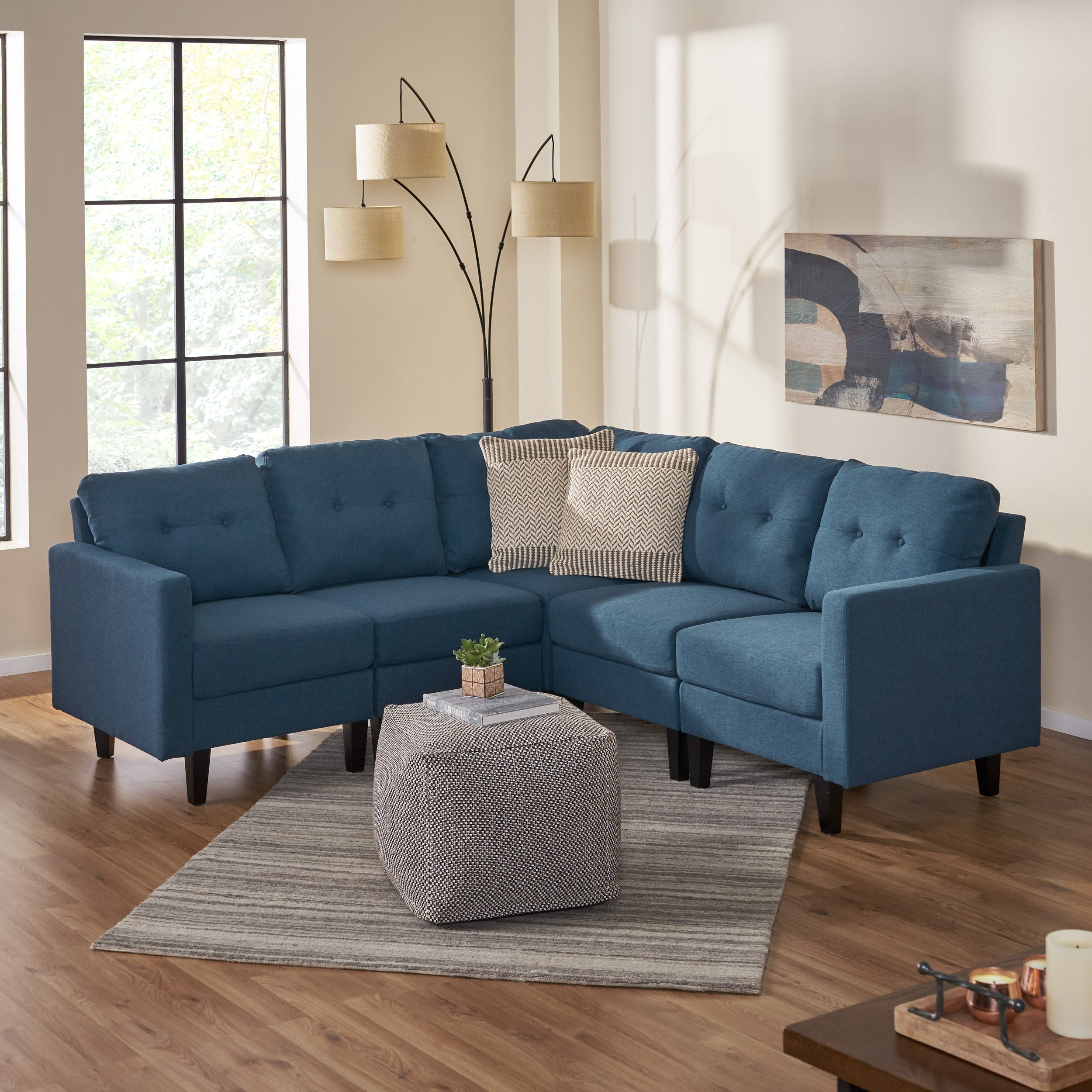 Niya Mid Century Modern 5 Piece Fabric Sectional Sofa