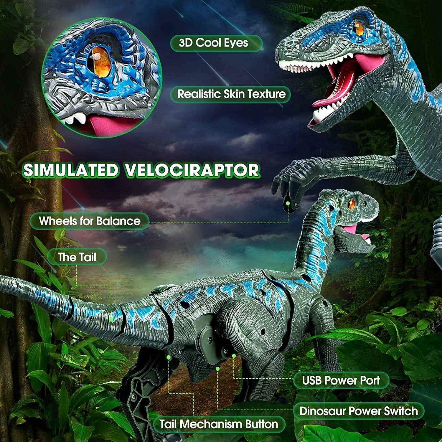 HopeRock Remote Control Dinosaur Toys for Kids， Robot Dinosaur Toy Simulation Velociraptor， Dinosaur Toys for Boys Girls Age 3-12