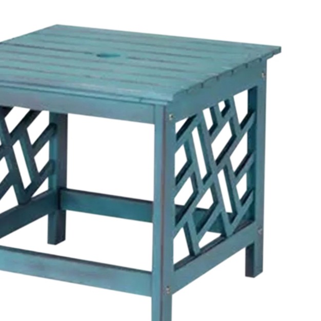 Four Seasons Courtyard 18 Inch Distressed Hardwood Portland Square Outdoor Patio End Table With Brushed Wire Finish amp 70 Pound Maximum Capacity Blue