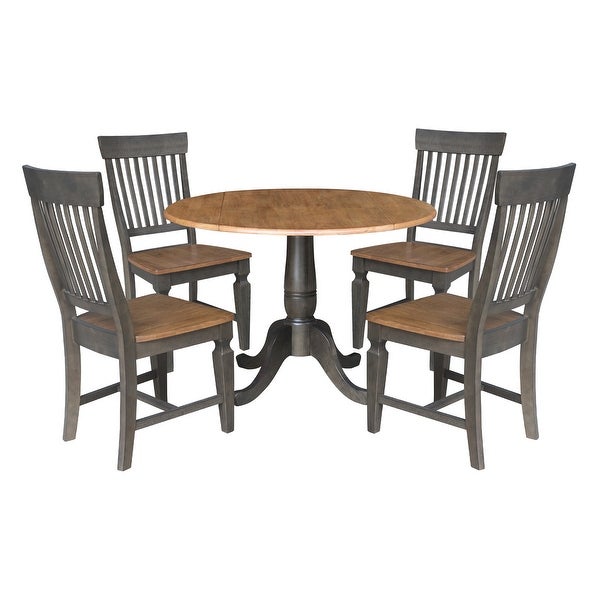 42 in. Round Dual Drop Leaf Dining Table with 4 Slatback Chairs - 5 Piece Set - Hickory/Washed Coal