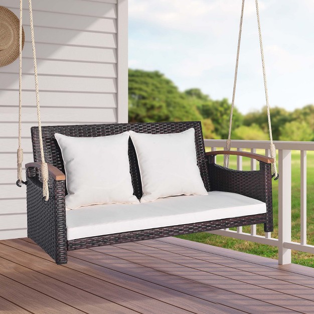 Costway Patio Rattan Porch Swing 2 person Hanging Chair Cushioned Loveseat For Backyard