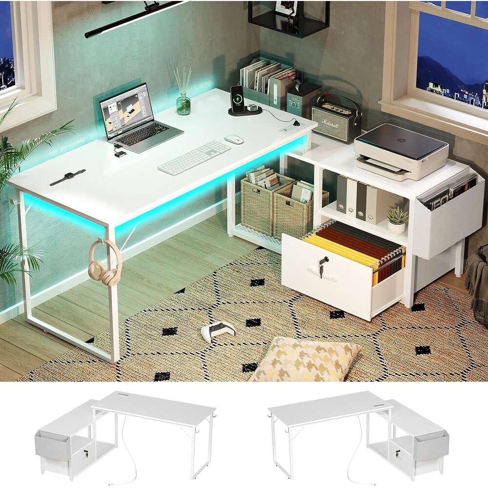 L Shaped Desk Reversible Corner Office Desk with Lock Drawer